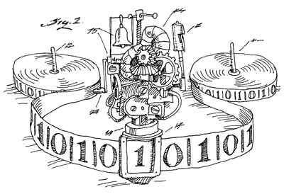 An illustration of a Turing machine featuring a tape with binary digits 1 and 0.