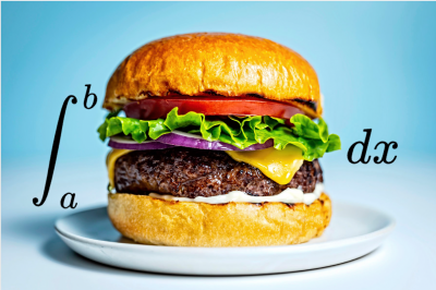 A picture of a hamburger with an integral sign on the left with bounds a and b, and dx on the right side.